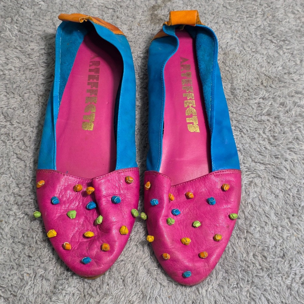 VINTAGE Arteffects Leather‎ Ballet Flats Pink Blue Colorful 70s Shoes 7.5